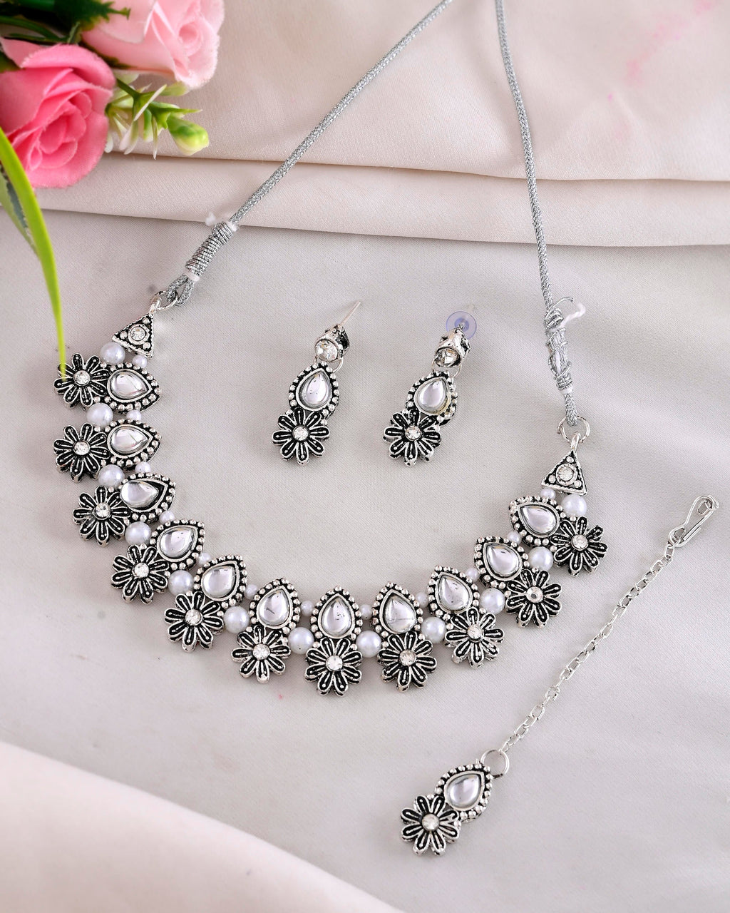 VOJ Oxidized Floral Designed Stone Studded Necklace Set