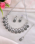 VOJ Oxidized Floral Designed Stone Studded Necklace Set