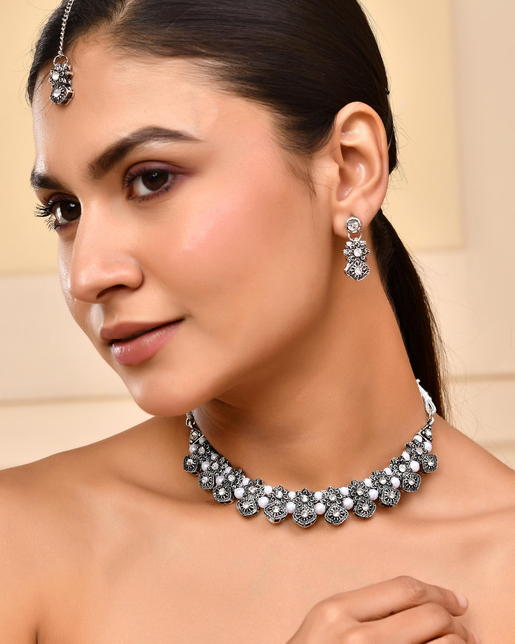 VOJ Oxidized Designer Stone Studded Jewellery Set