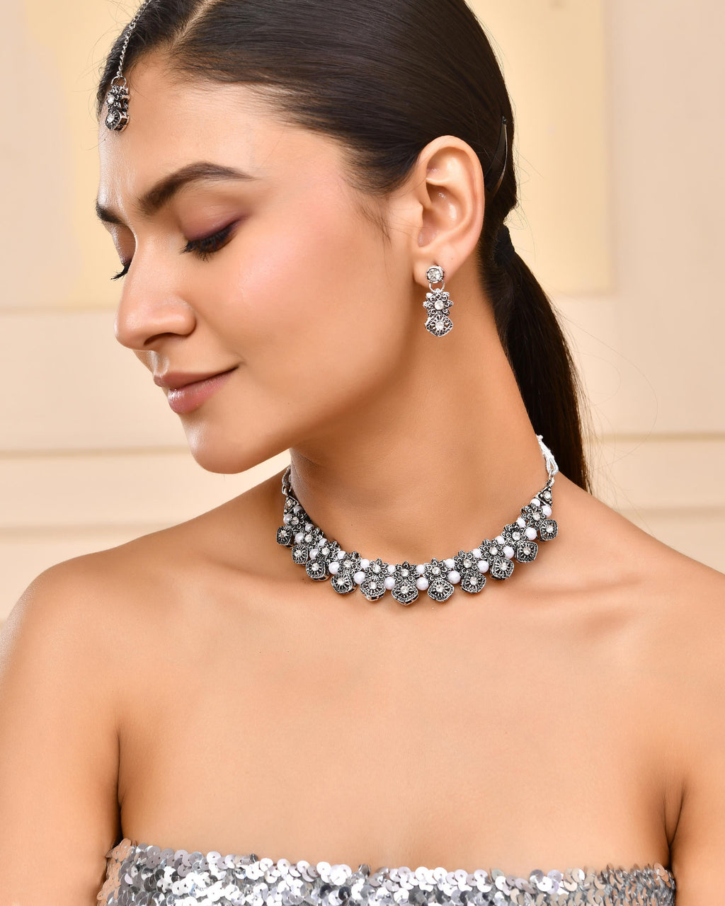 VOJ Oxidized Designer Stone Studded Jewellery Set