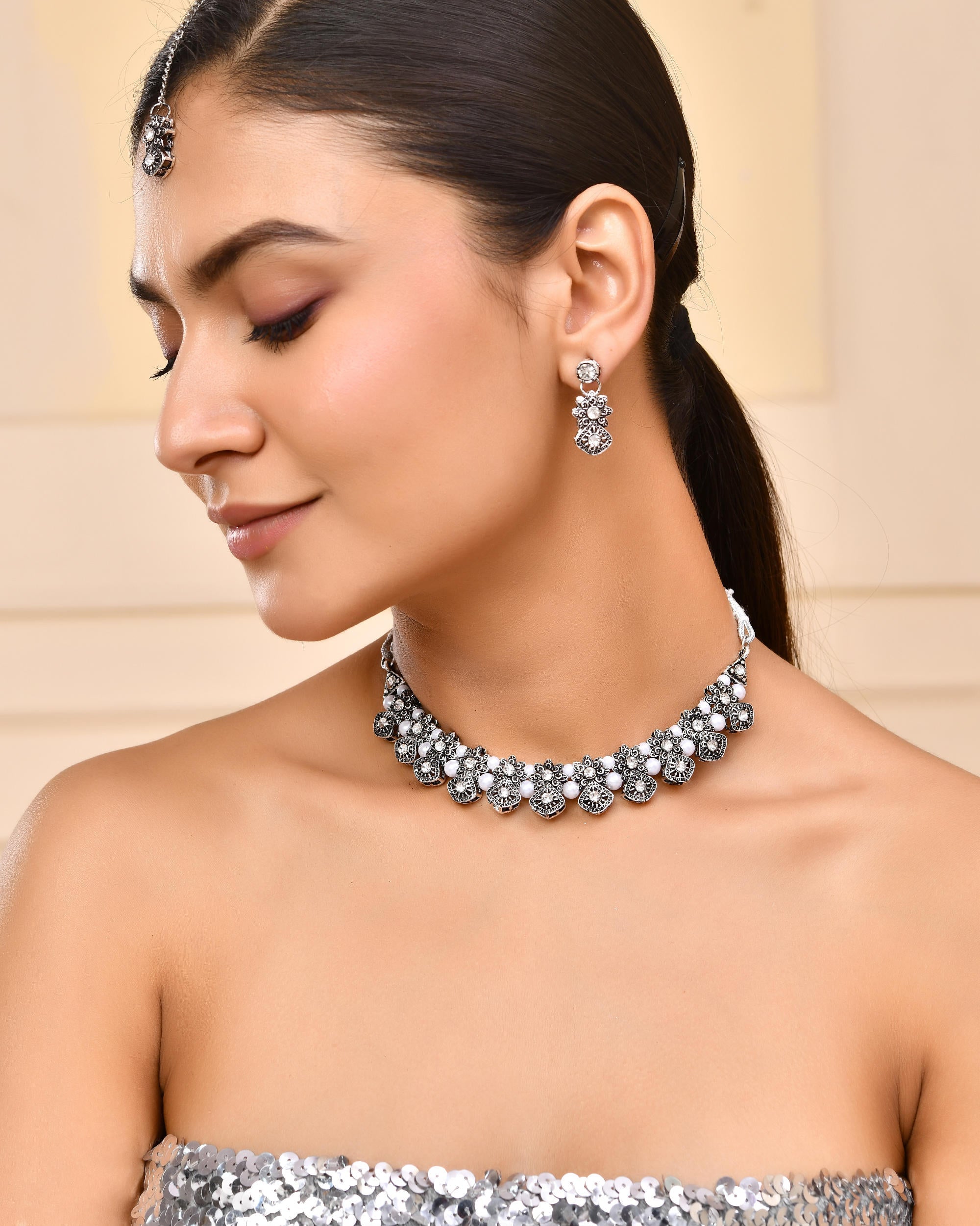 VOJ Oxidized Designer Stone Studded Jewellery Set