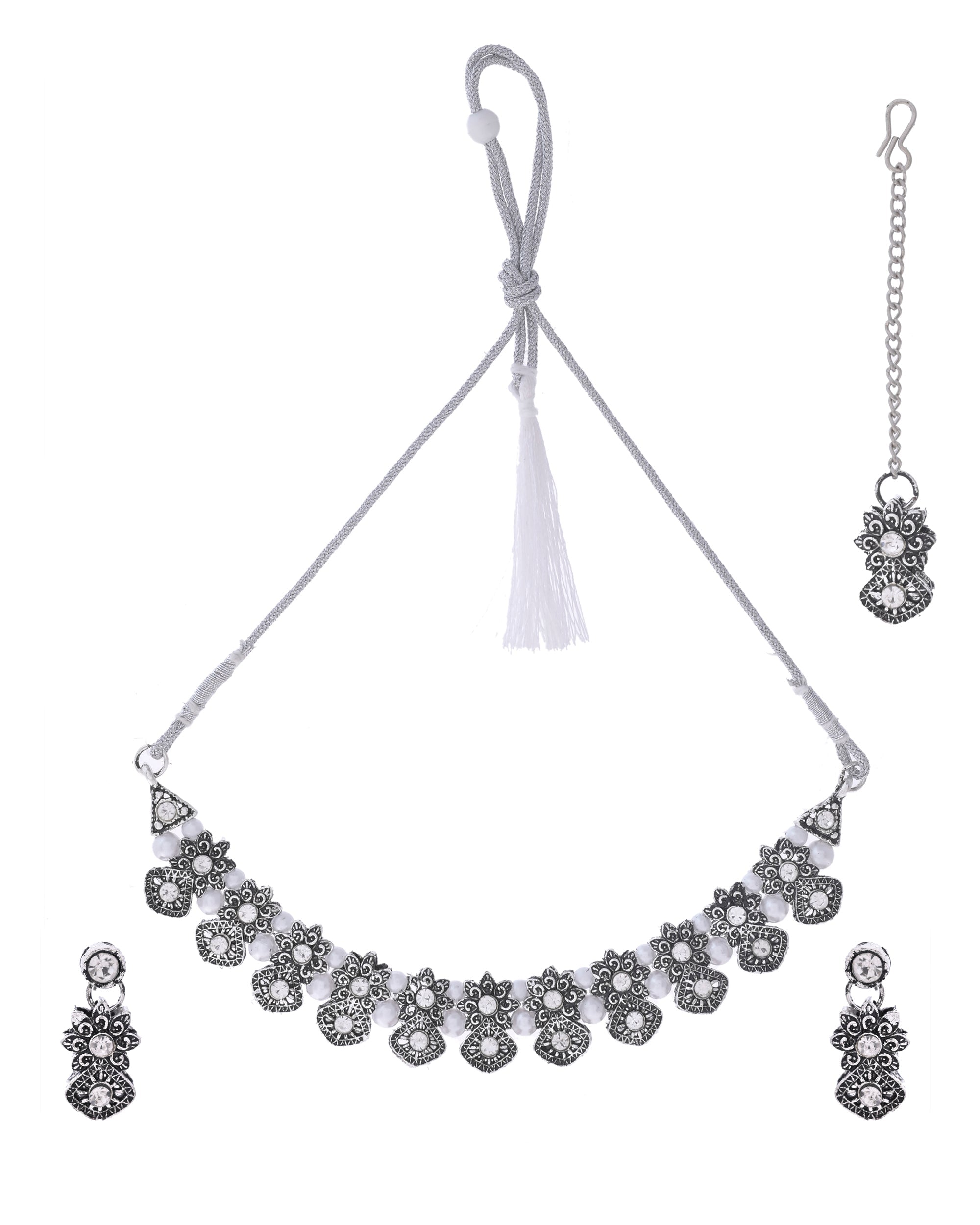 VOJ Oxidized Designer Stone Studded Jewellery Set