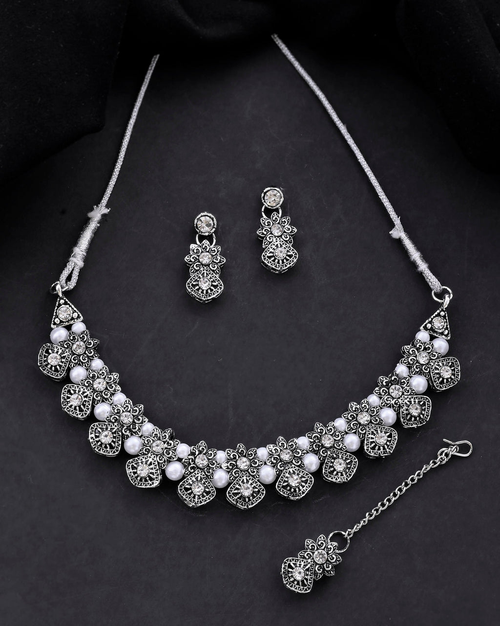 VOJ Oxidized Designer Stone Studded Jewellery Set