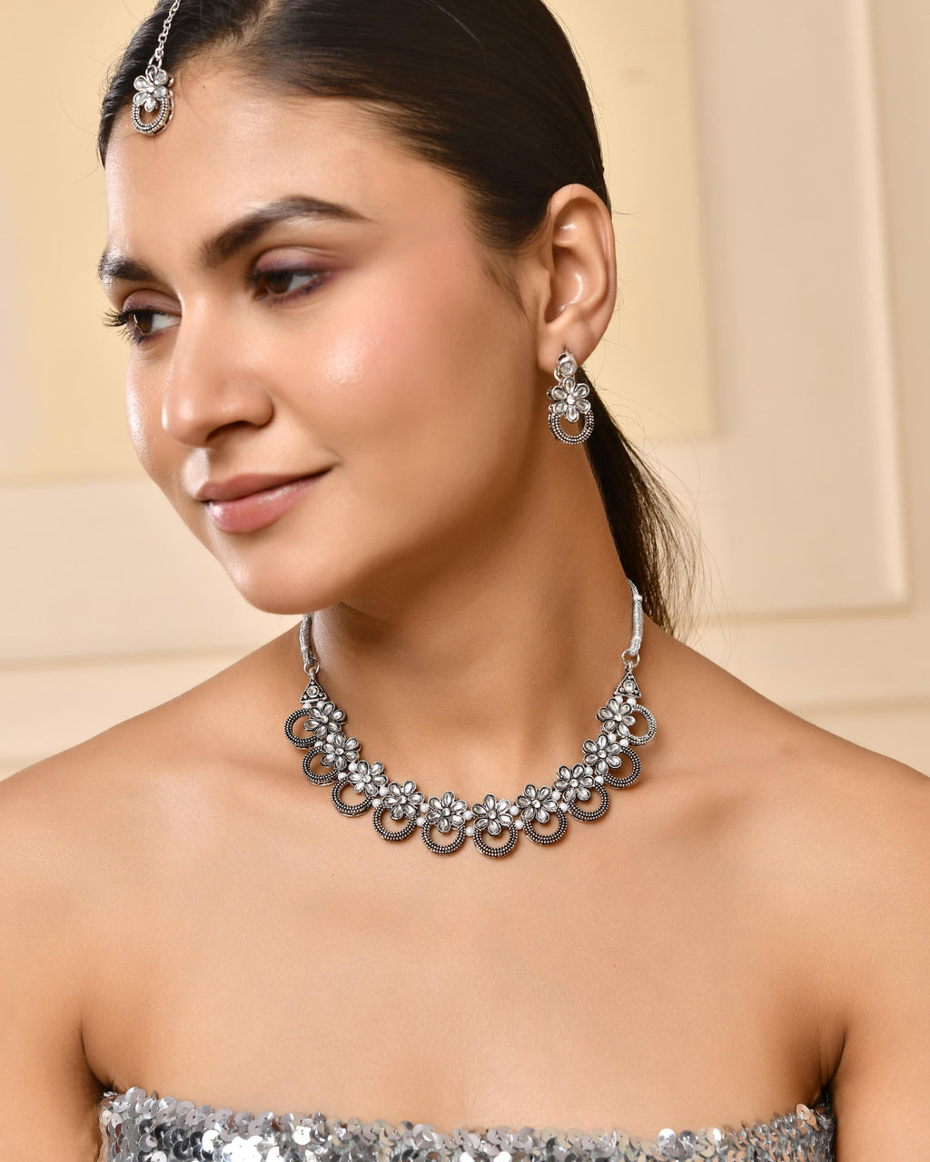 VOJ Oxidized Floral Stone Studded Necklace With Earrings Set