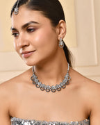 VOJ Oxidized Floral Stone Studded Necklace With Earrings Set