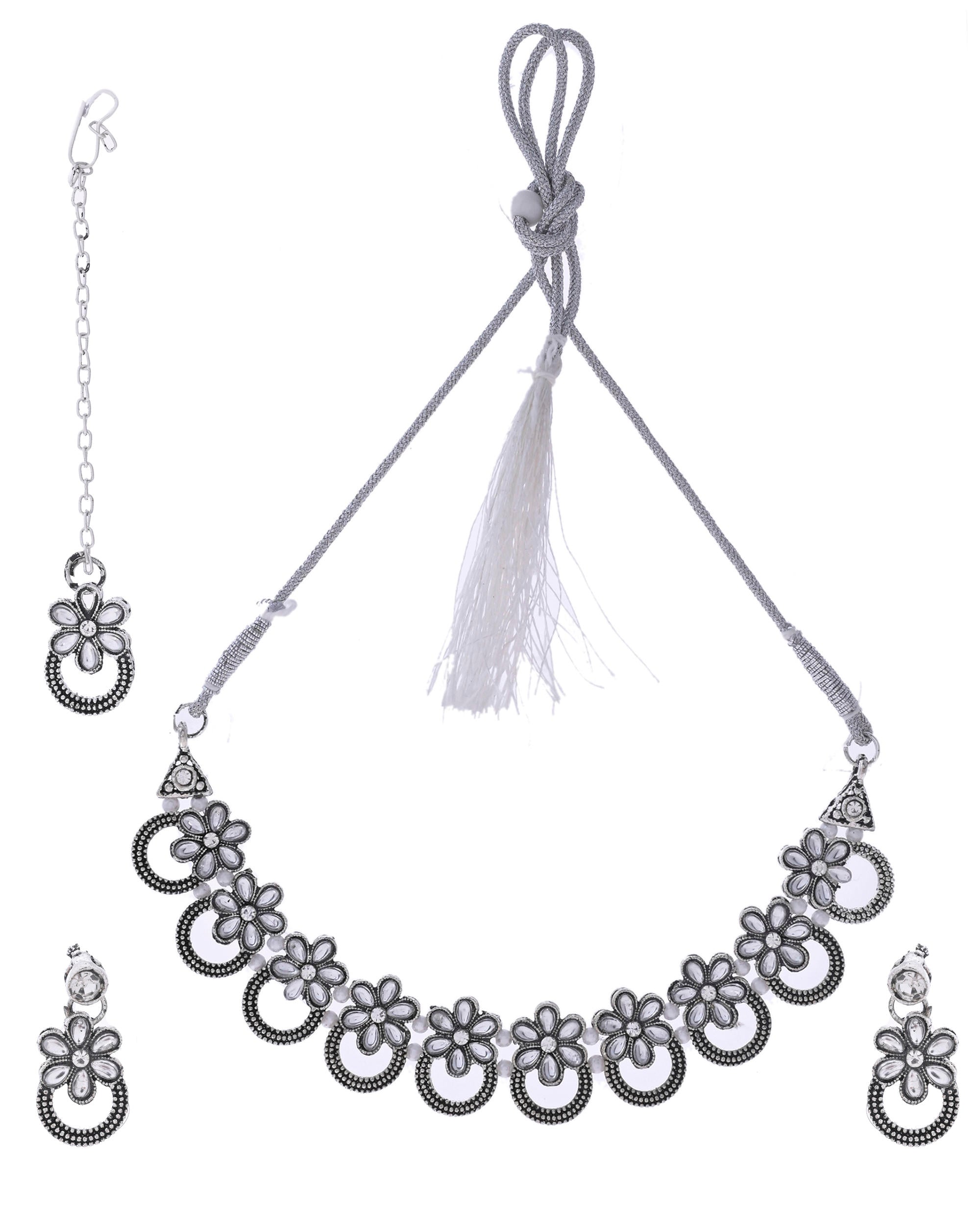 VOJ Oxidized Floral Stone Studded Necklace With Earrings Set