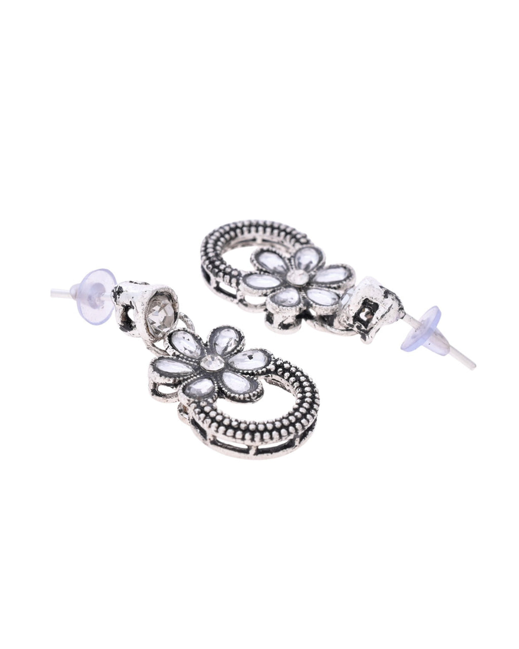 VOJ Oxidized Floral Stone Studded Necklace With Earrings Set