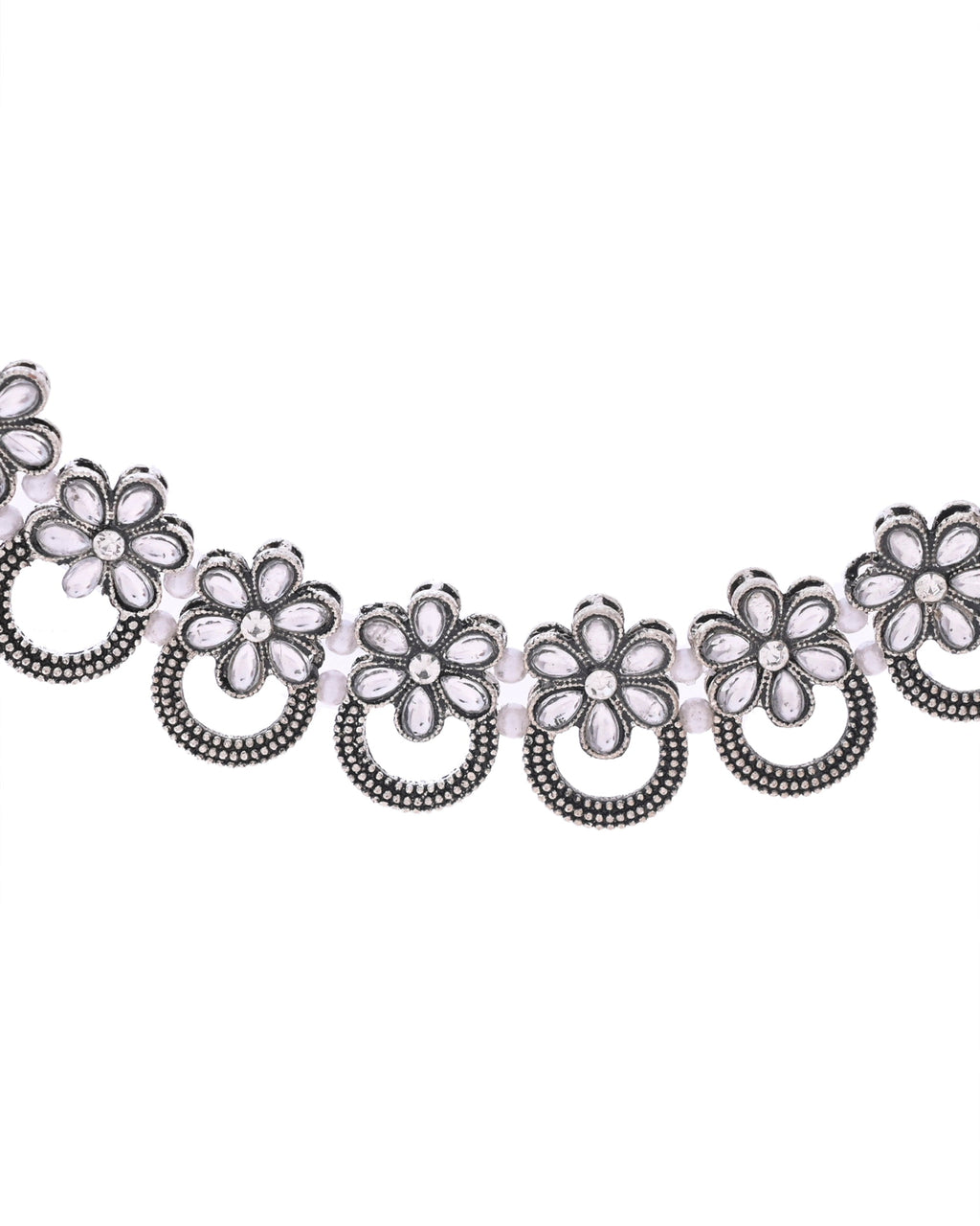 VOJ Oxidized Floral Stone Studded Necklace With Earrings Set