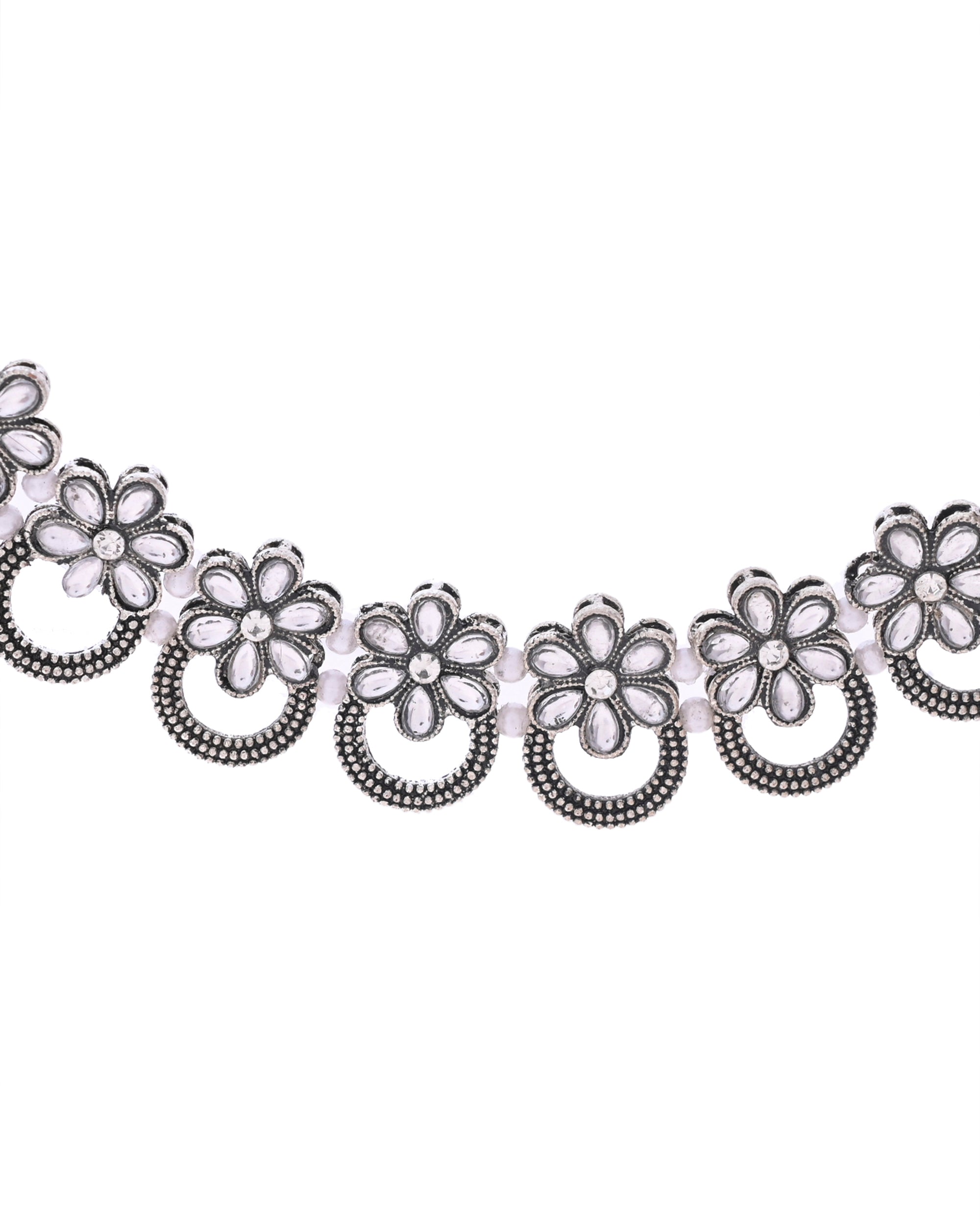 VOJ Oxidized Floral Stone Studded Necklace With Earrings Set