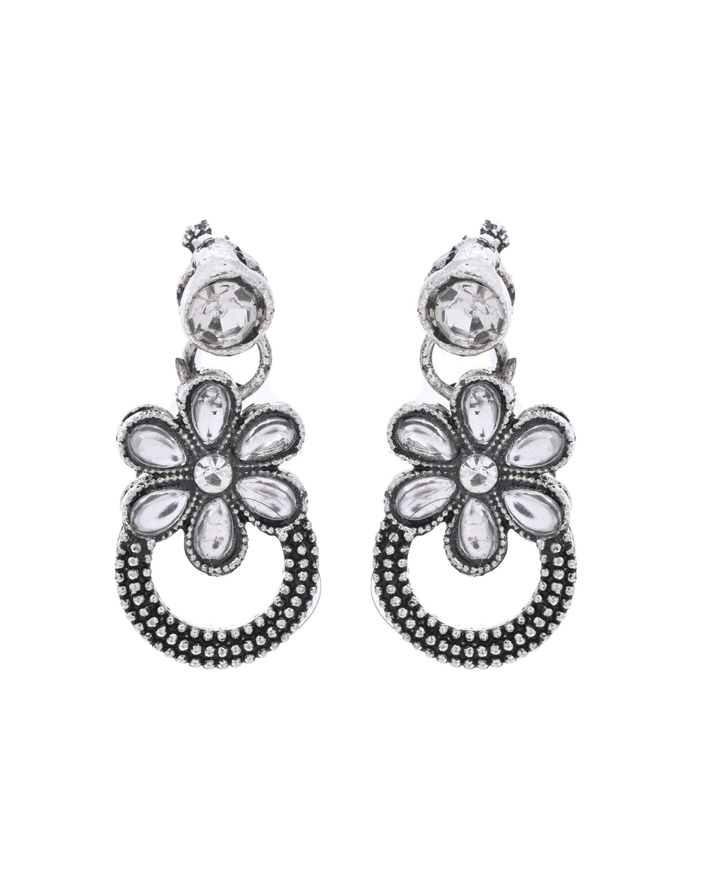 VOJ Oxidized Floral Stone Studded Necklace With Earrings Set