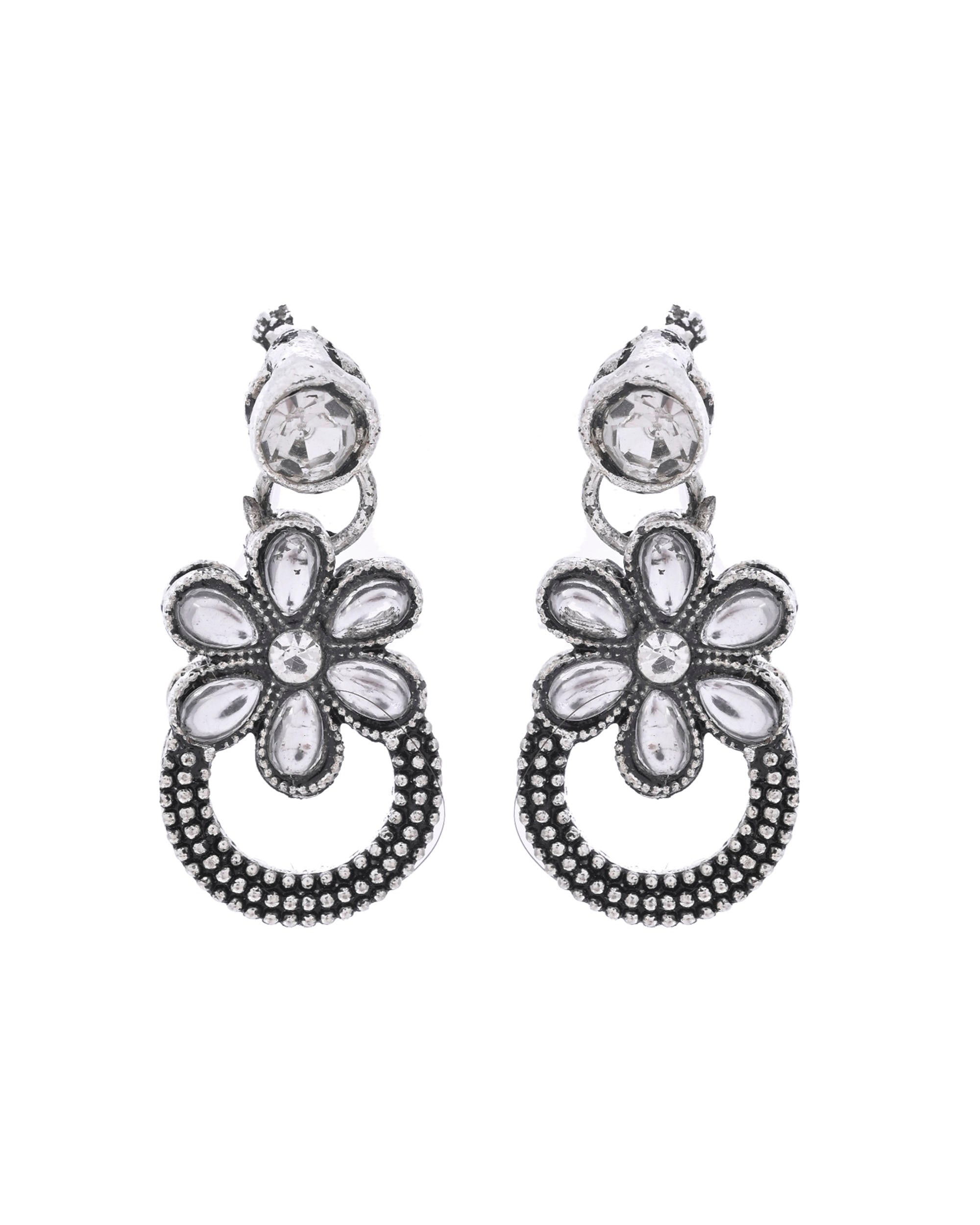 VOJ Oxidized Floral Stone Studded Necklace With Earrings Set
