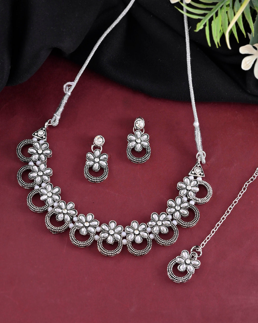 VOJ Oxidized Floral Stone Studded Necklace With Earrings Set
