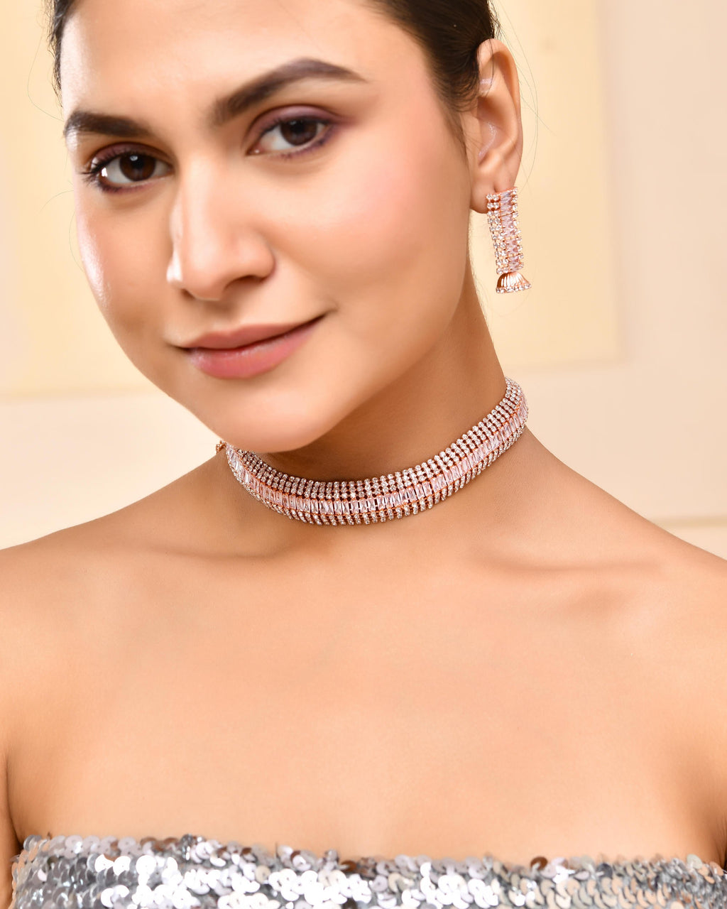 VOJ Rose Gold-Polished Artificial Stones Studded Choker Jewellery Set
