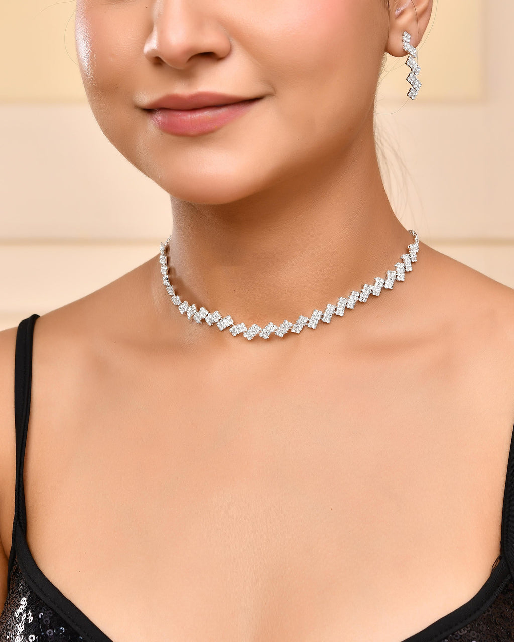 VOJ Silver Plated Stones Studded minimal Designed Jewellery Set