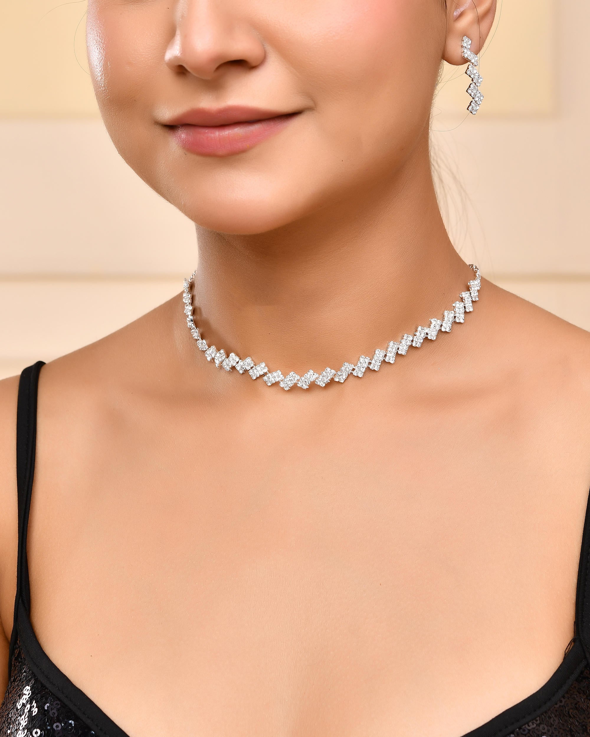 VOJ Silver Plated Stones Studded minimal Designed Jewellery Set