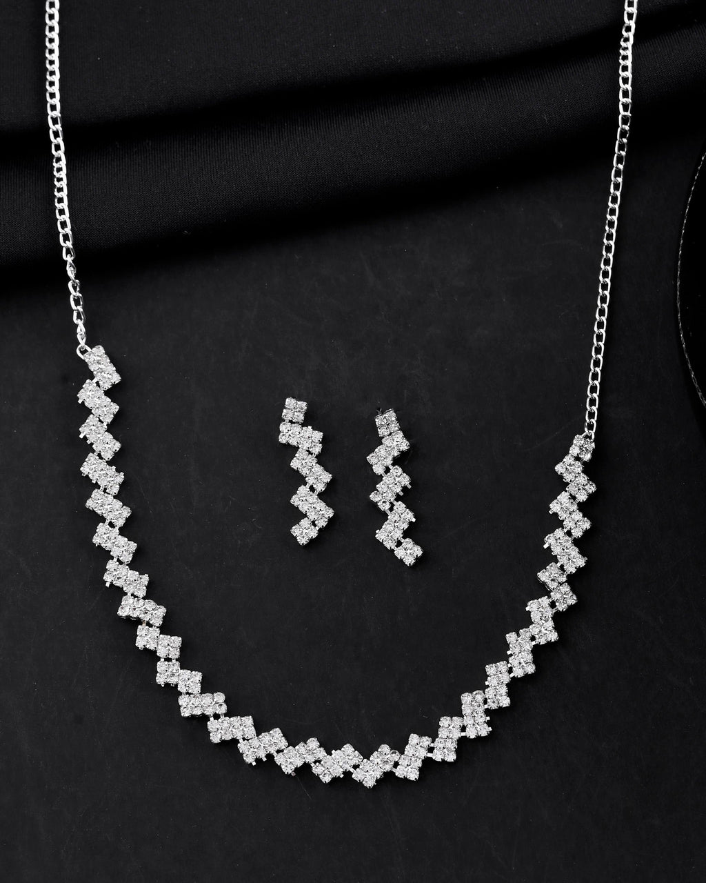 VOJ Silver Plated Stones Studded minimal Designed Jewellery Set