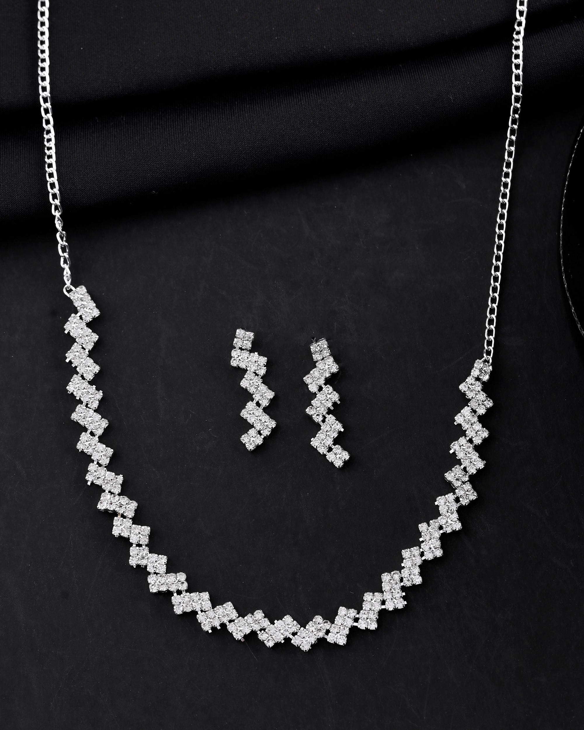 VOJ Silver Plated Stones Studded minimal Designed Jewellery Set