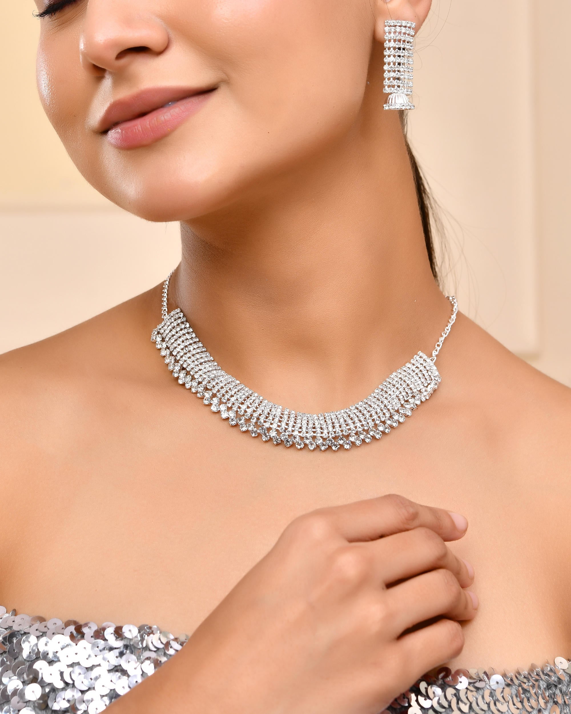 VOJ Silver-Plated Artificial Stones Studded Choker Jewellery Set