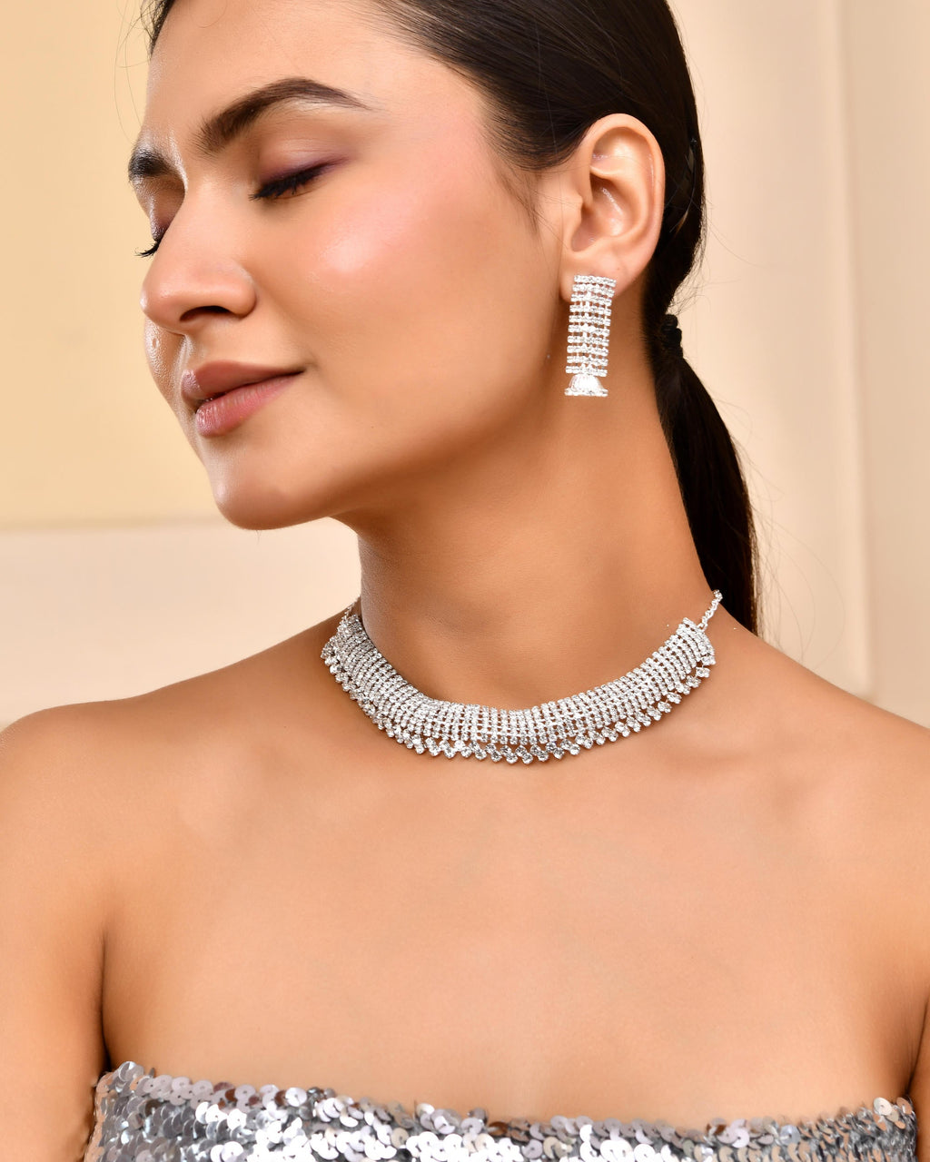 VOJ Silver-Plated Artificial Stones Studded Choker Jewellery Set