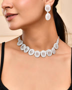 VOJ Silver-Plated Stones Studded Oval Shaped Jewellery Set