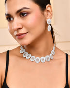 VOJ Silver-Plated Stones Studded Oval Shaped Jewellery Set