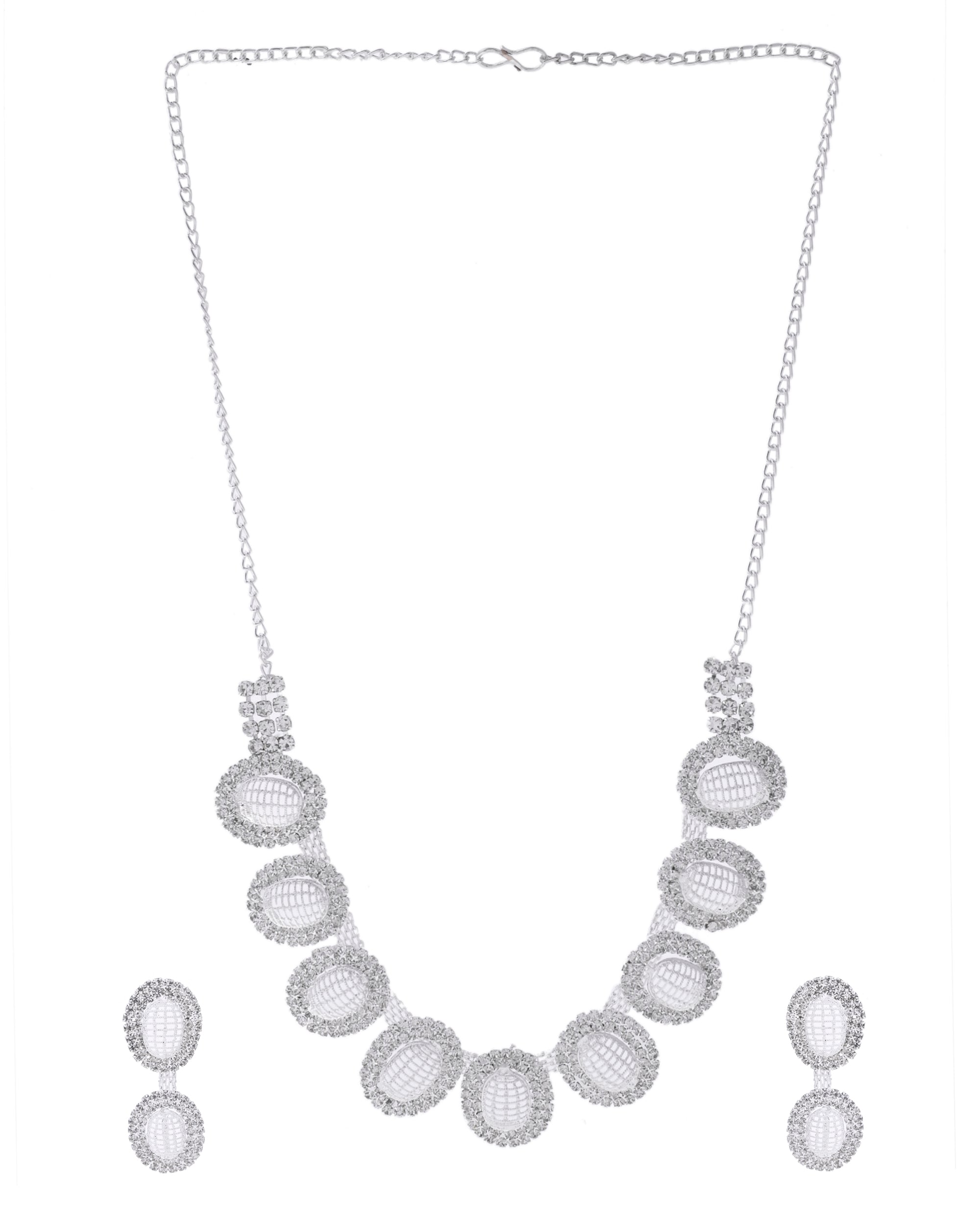 VOJ Silver-Plated Stones Studded Oval Shaped Jewellery Set