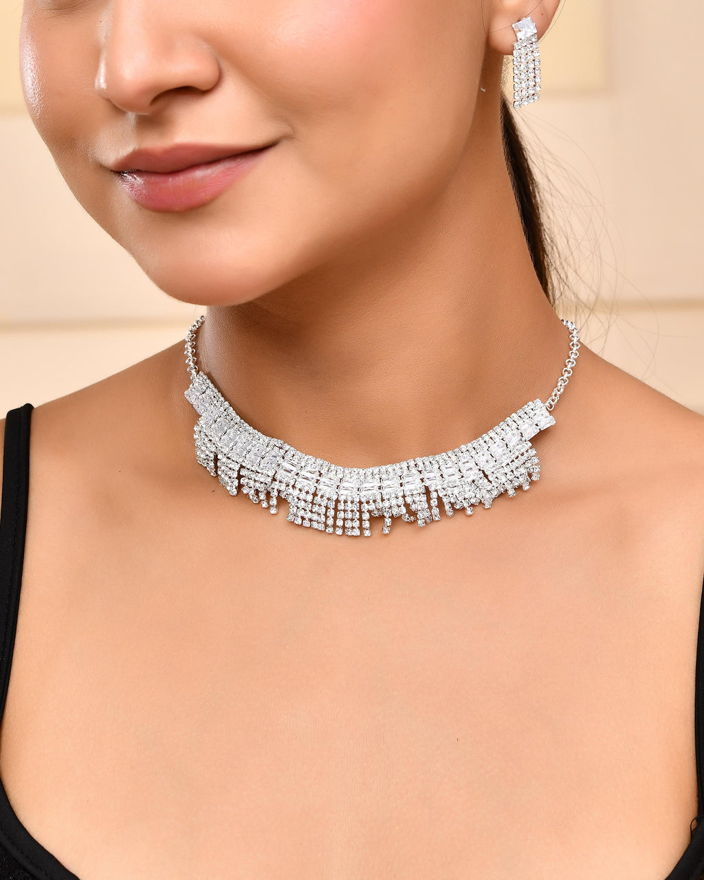 VOJ Silver-Plated Stones Studded Jewellery Set