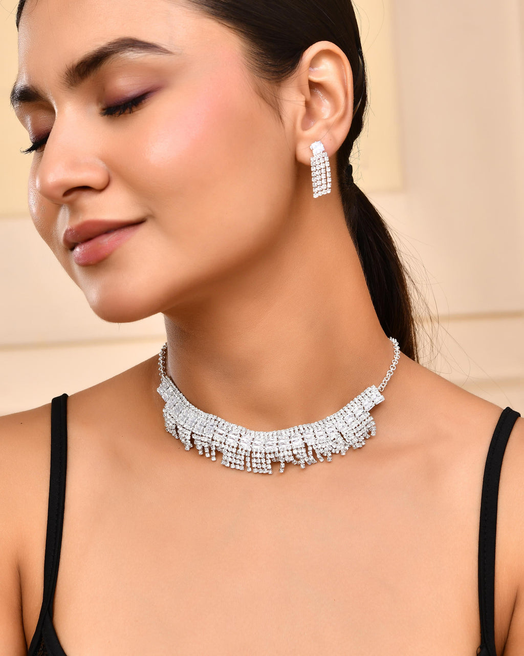 VOJ Silver-Plated Stones Studded Jewellery Set