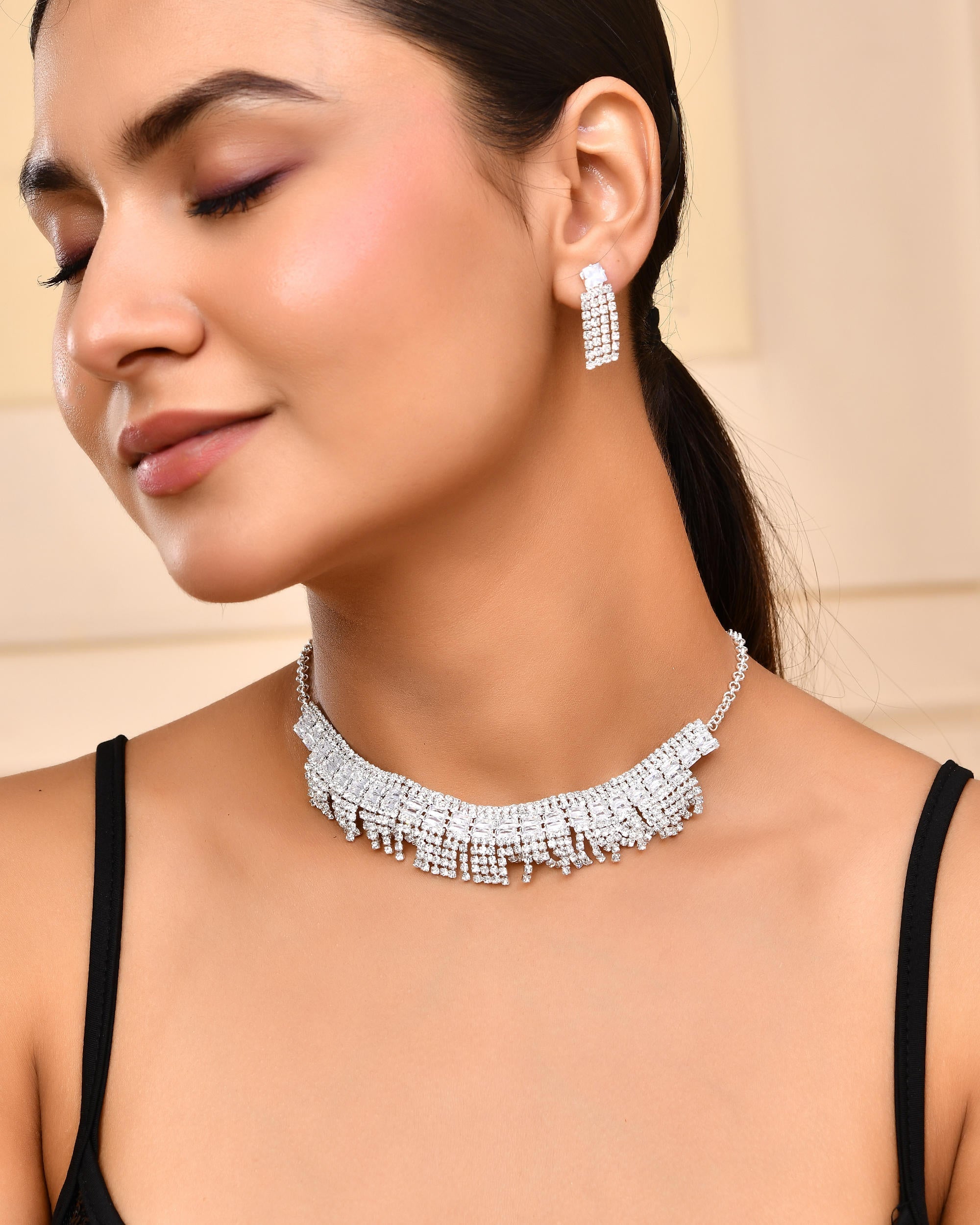 VOJ Silver-Plated Stones Studded Jewellery Set