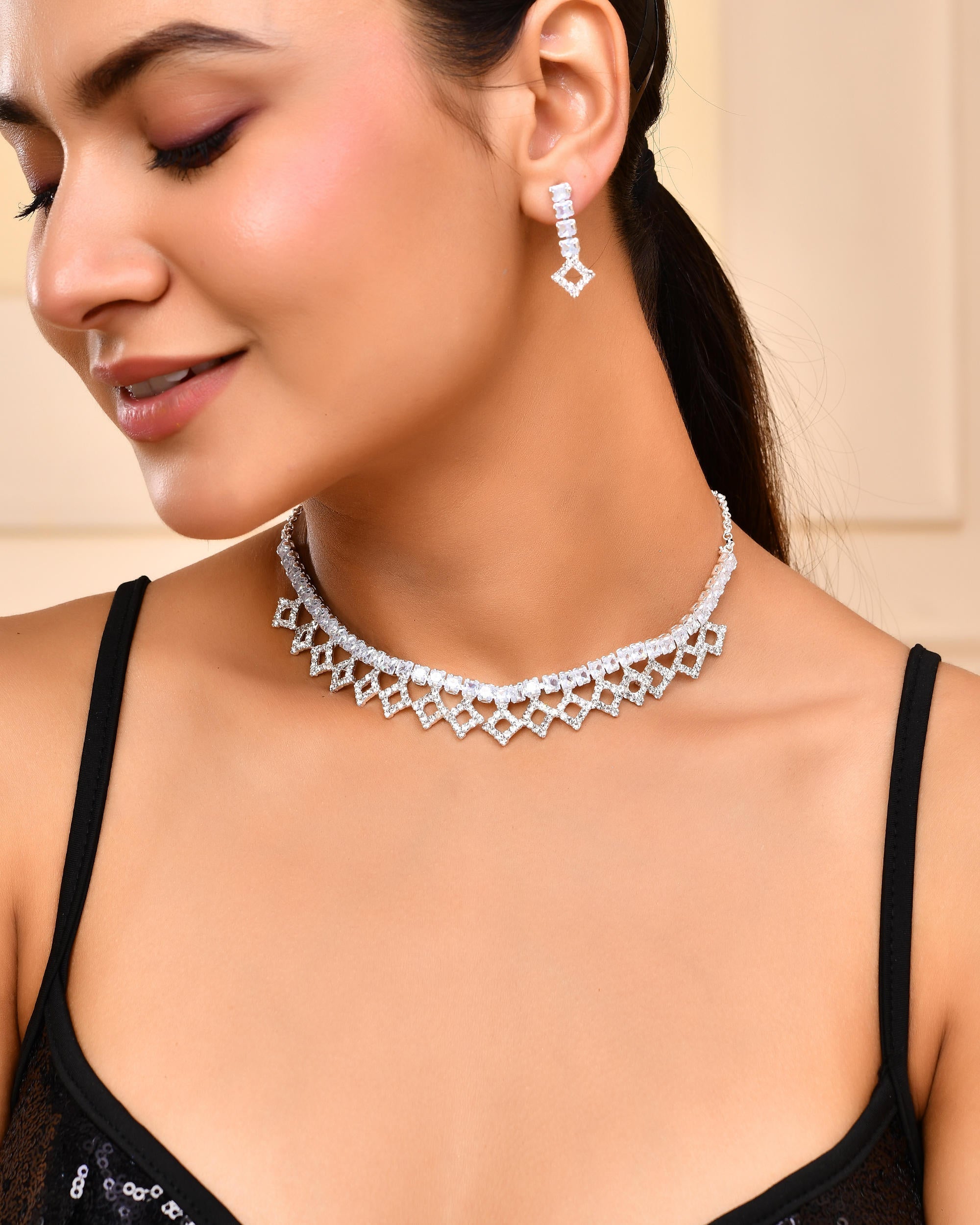 VOJ Silver-Plated Stones Studded Geomatrical Jewellery Set