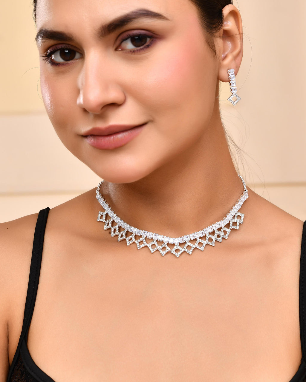 VOJ Silver-Plated Stones Studded Geomatrical Jewellery Set