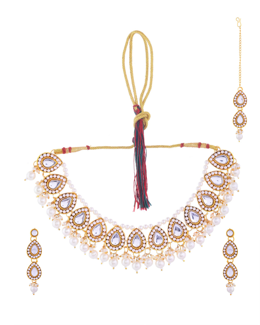 VOJ Gold-Polished Kundan Stones Studded Jewellery Set With Maang Tikka