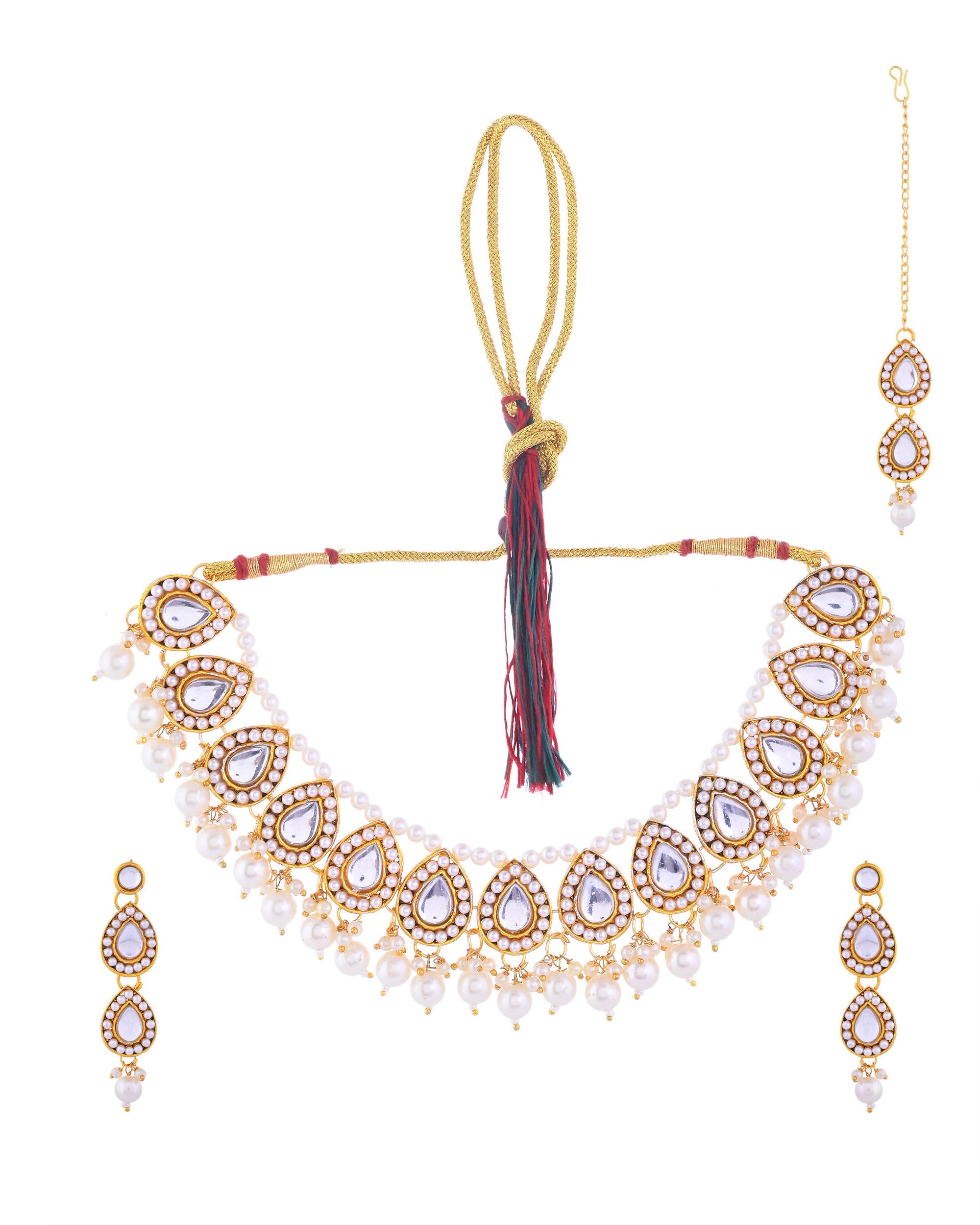 VOJ Gold-Polished Kundan Stones Studded Jewellery Set With Maang Tikka
