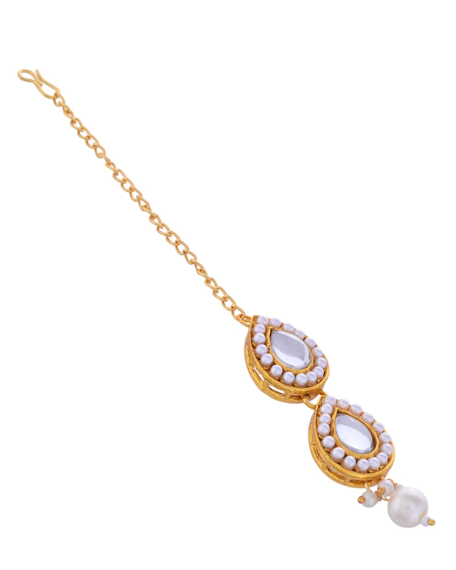 VOJ Gold-Polished Kundan Stones Studded Jewellery Set With Maang Tikka