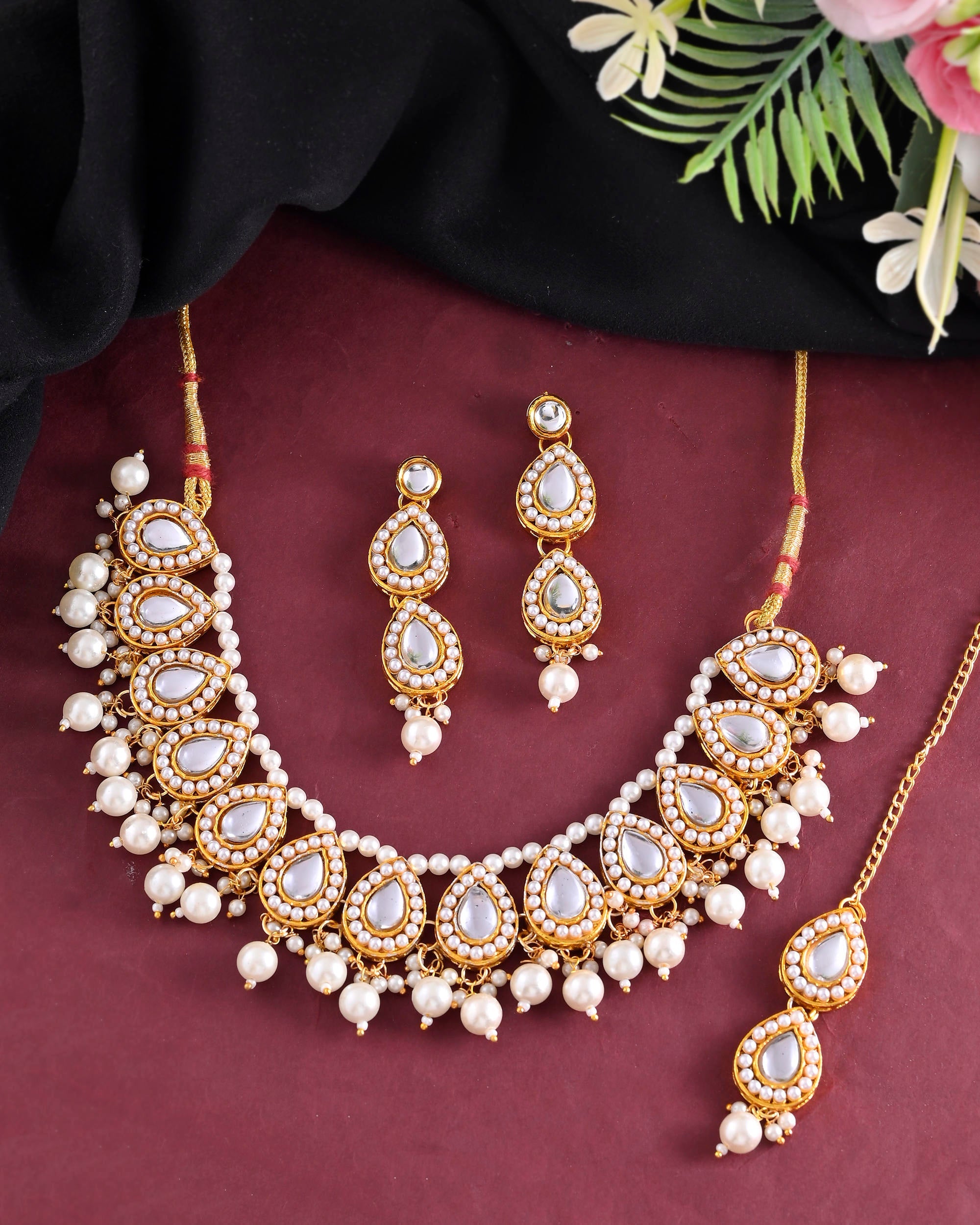 VOJ Gold-Polished Kundan Stones Studded Jewellery Set With Maang Tikka