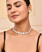 VOJ Silver Plated Pearl and Stones Studded Oval Shaped Jewellery Set