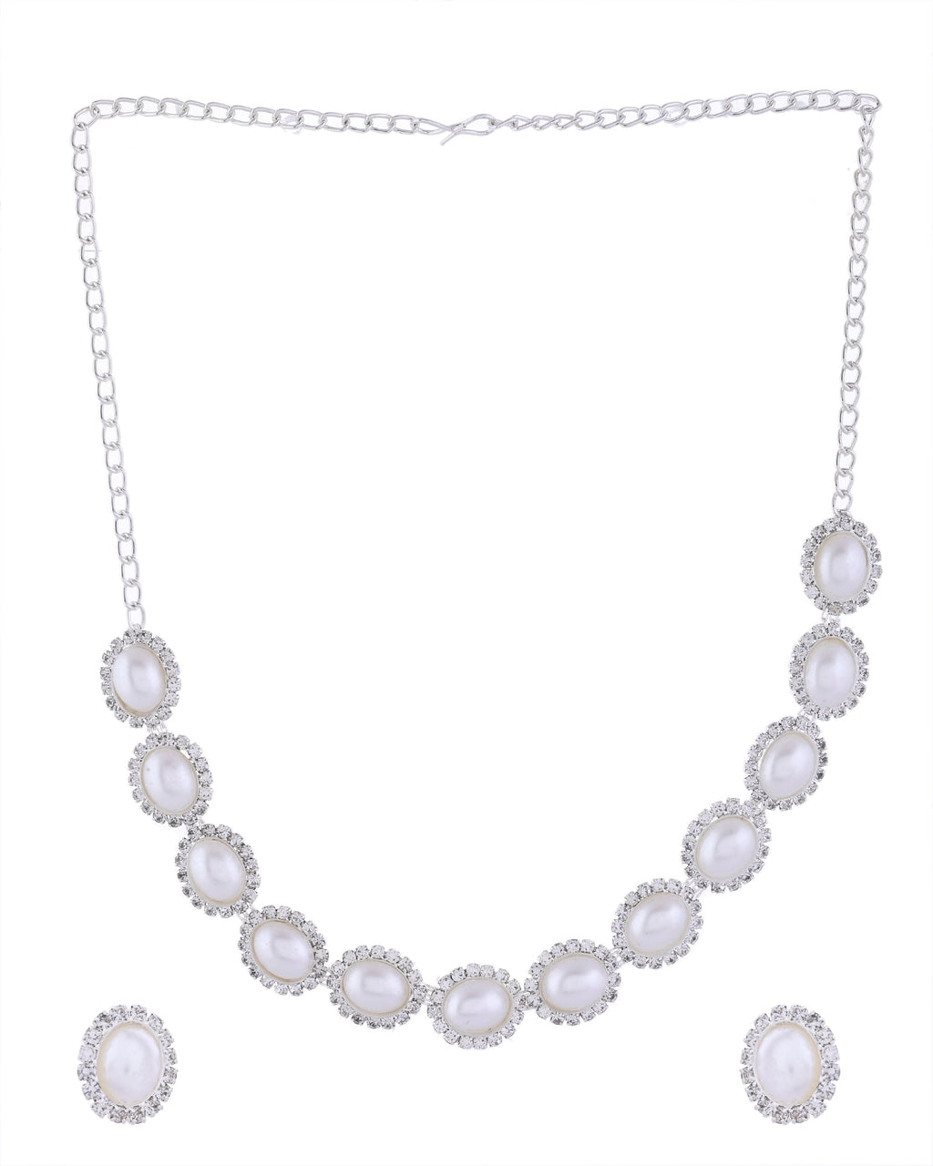 VOJ Silver Plated Pearl and Stones Studded Oval Shaped Jewellery Set