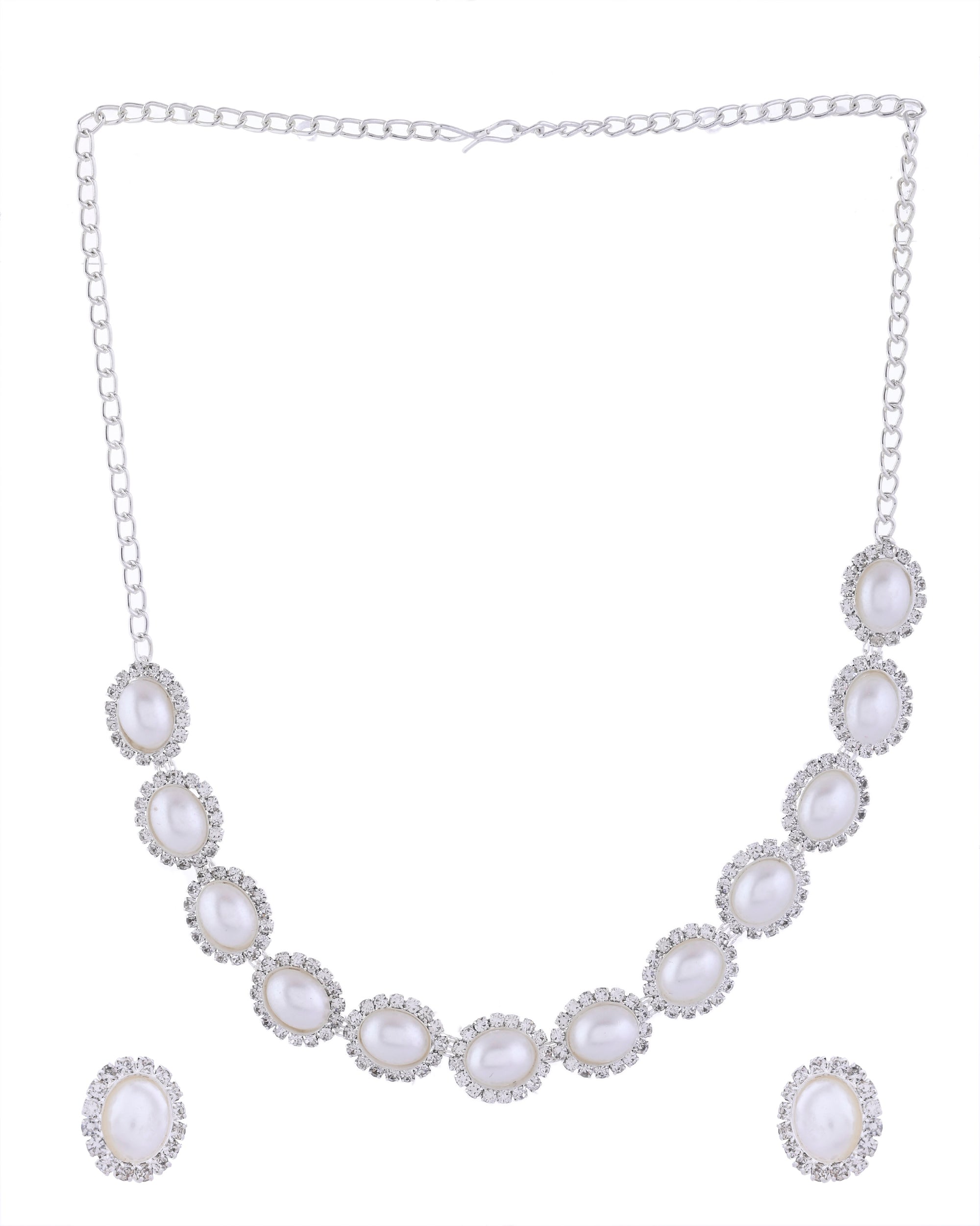 VOJ Silver Plated Pearl and Stones Studded Oval Shaped Jewellery Set