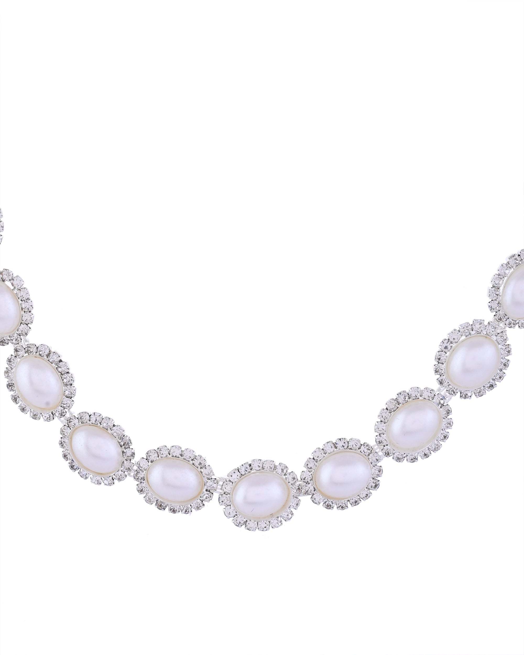 VOJ Silver Plated Pearl and Stones Studded Oval Shaped Jewellery Set