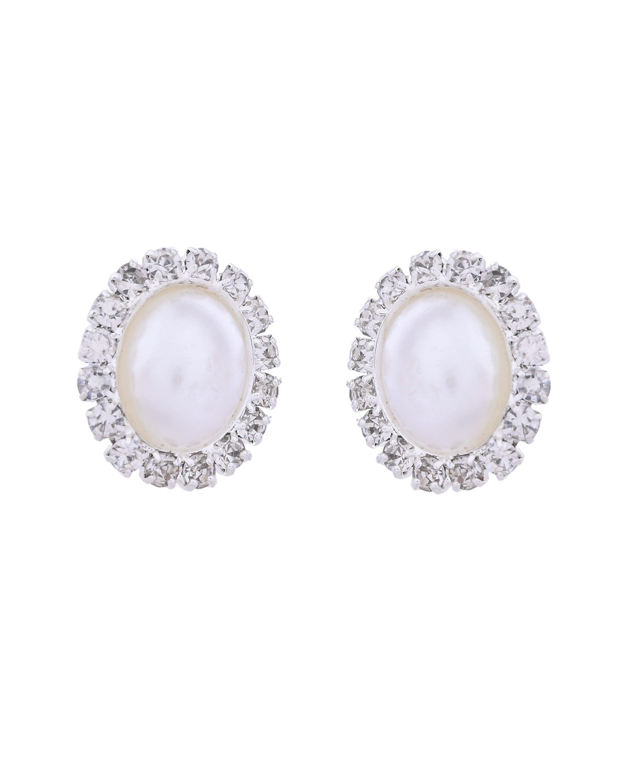 VOJ Silver Plated Pearl and Stones Studded Oval Shaped Jewellery Set