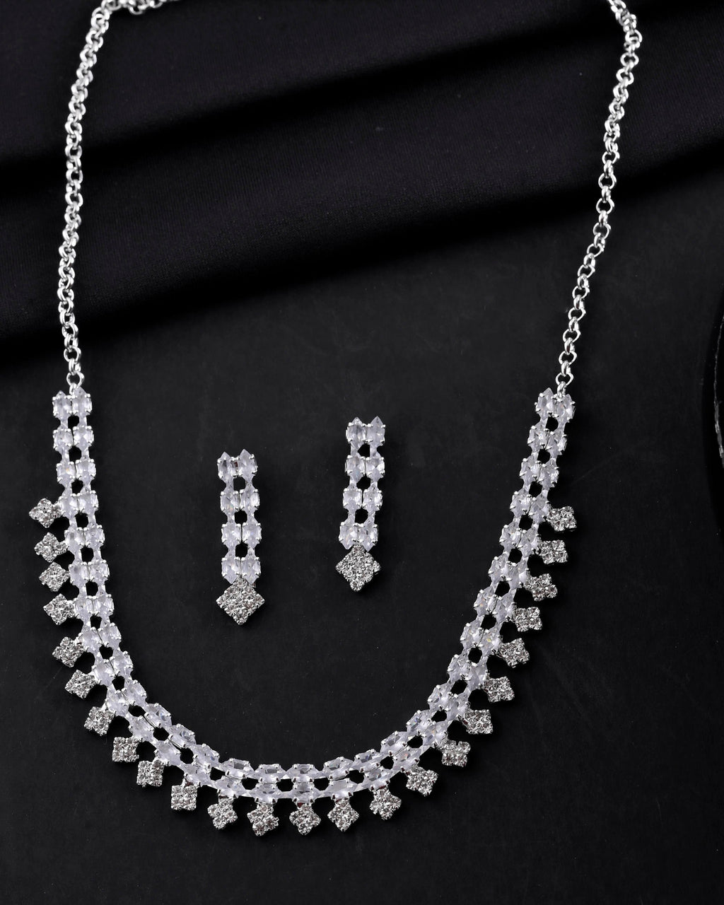 VOJ Silver Plated CZ Stones Studded Necklace Set