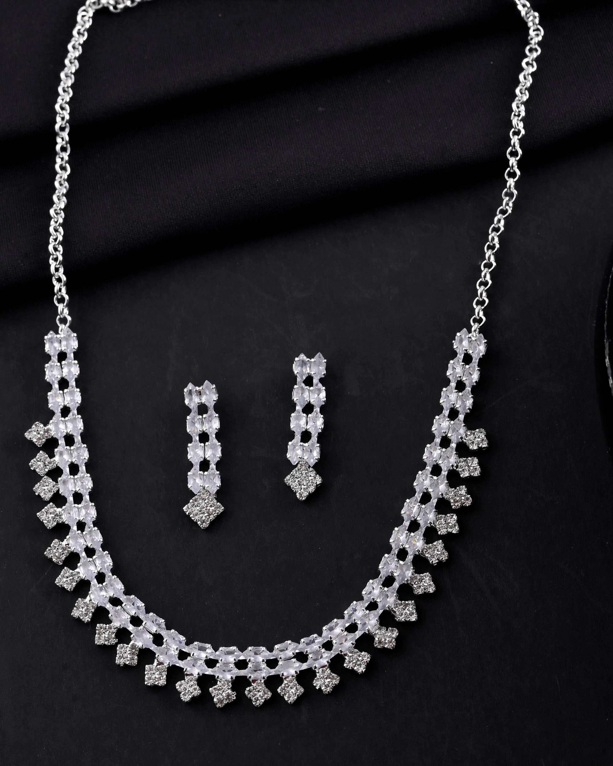 VOJ Silver Plated CZ Stones Studded Necklace Set