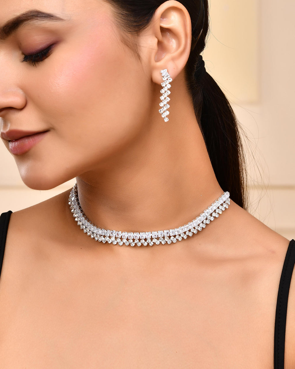 VOJ Silver Plated CZ And Artifical Stones Studded Necklace Set
