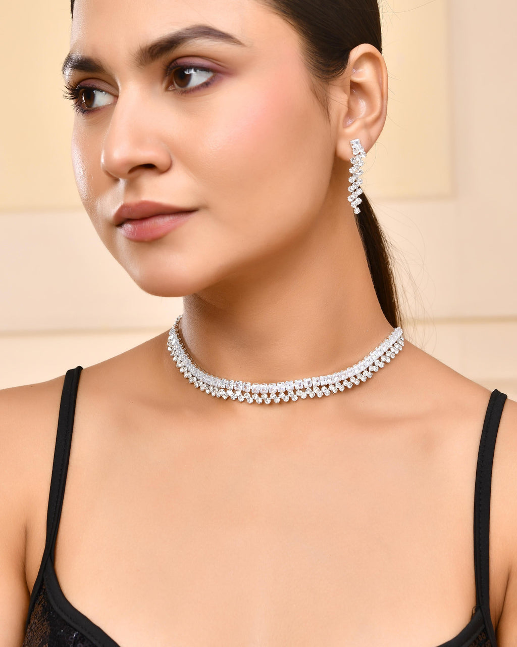 VOJ Silver Plated CZ And Artifical Stones Studded Necklace Set