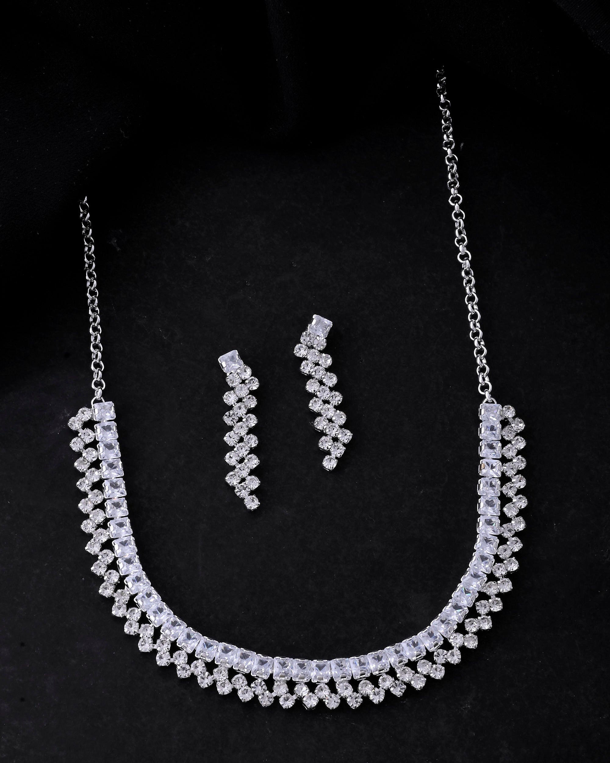 VOJ Silver Plated CZ And Artifical Stones Studded Necklace Set