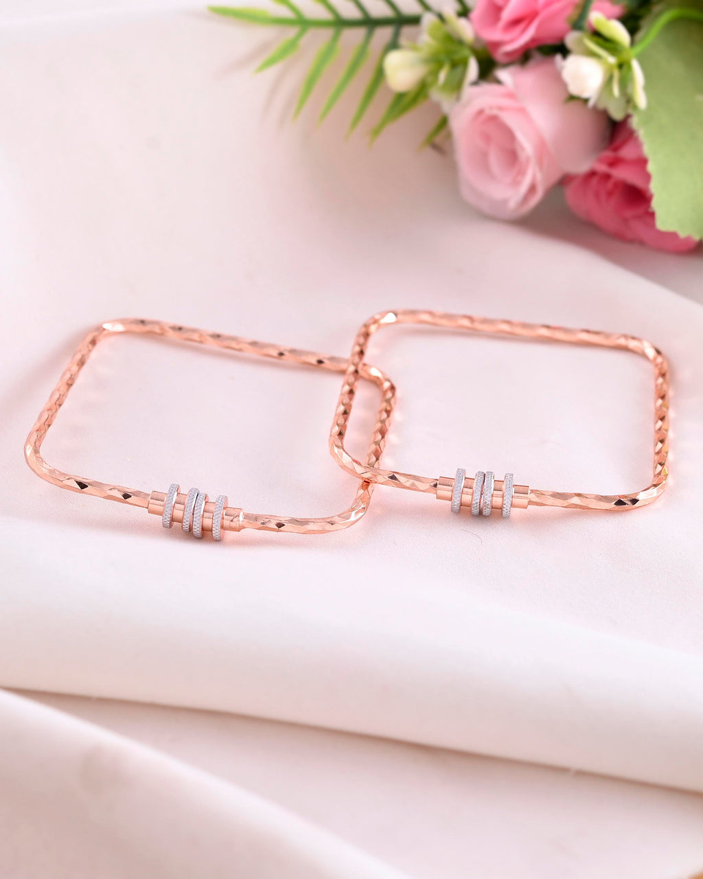 VOJ Set of 2 Rose Gold-Polished Square Shaped Bangles - Distacart