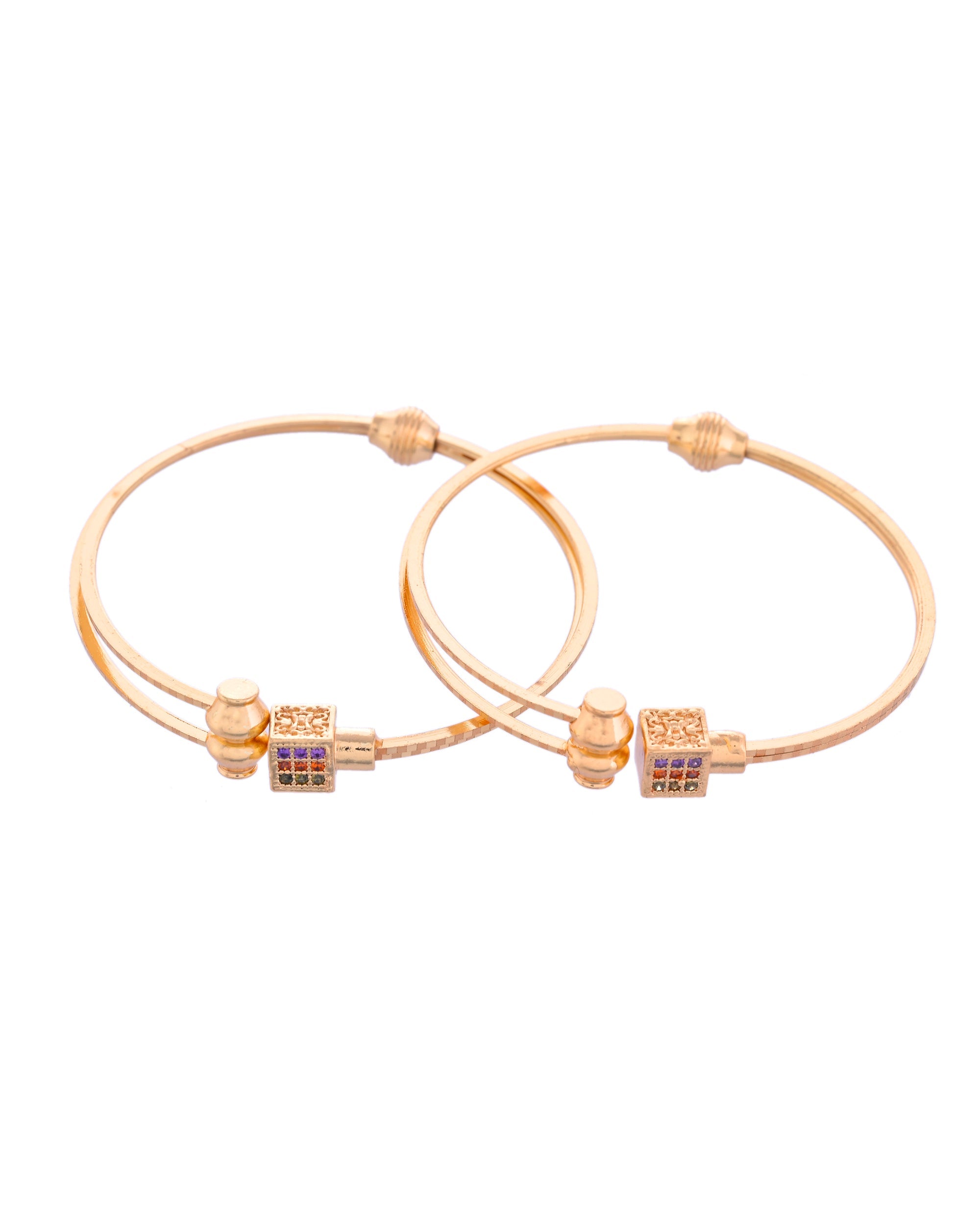 VOJ Set of 2 Gold-Polished Mutli Colour Stones Studded Square Shaped Bangles - Distacart