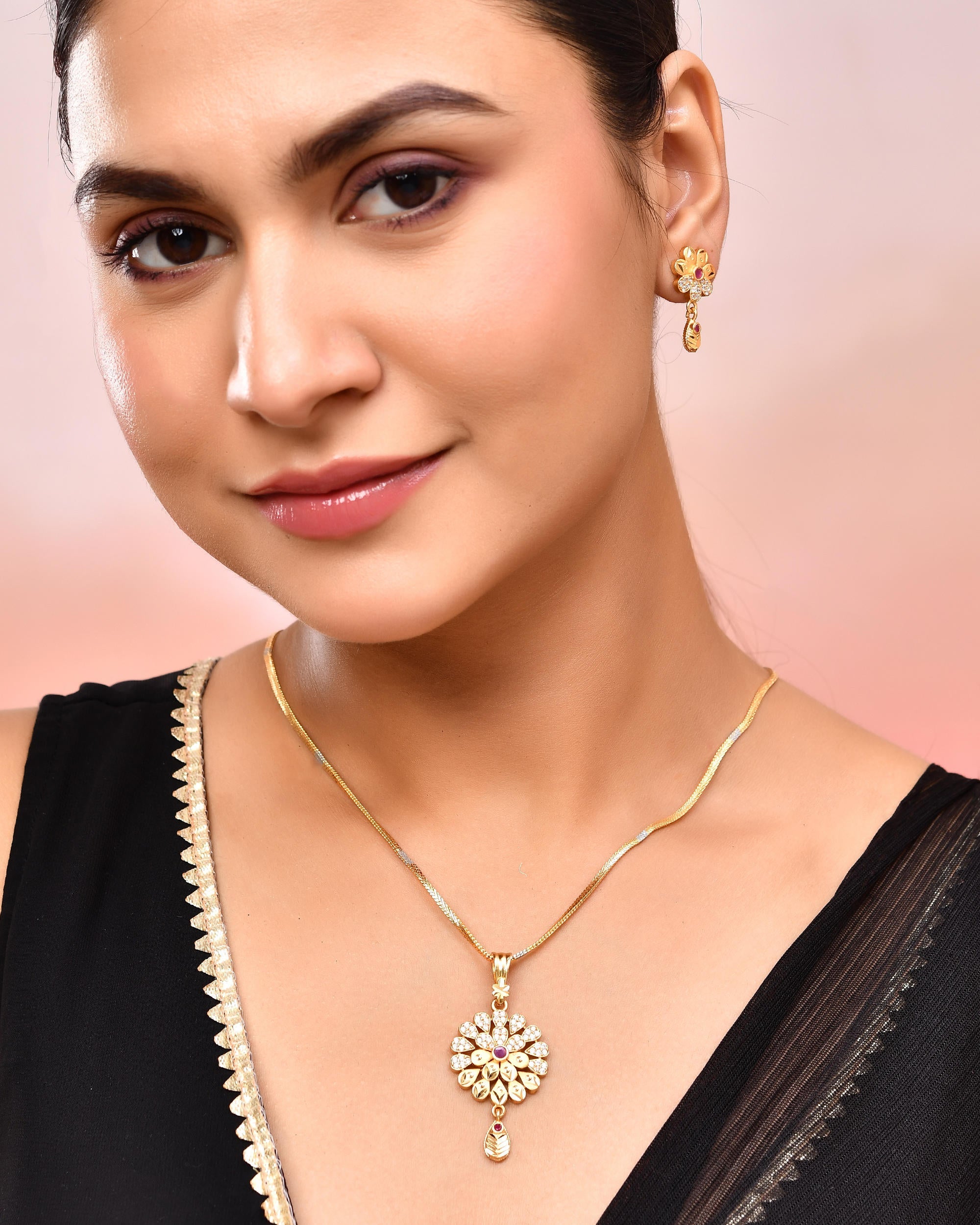 VOJ Gold-Polished Floral Shaped AD Stone Studded Chain Set