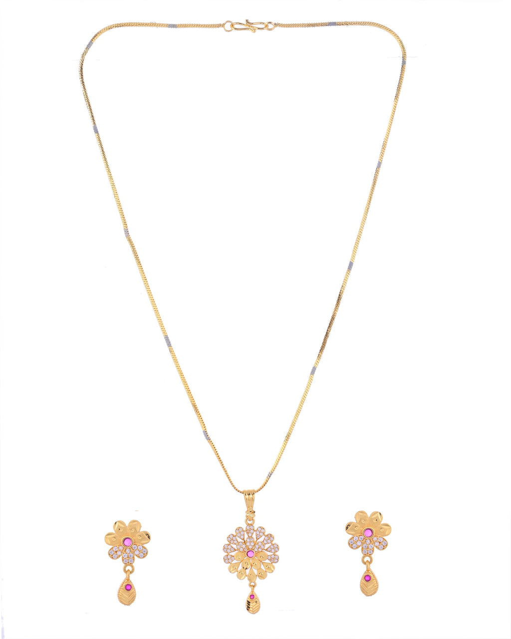 VOJ Gold-Polished Floral Shaped AD Stone Studded Chain Set