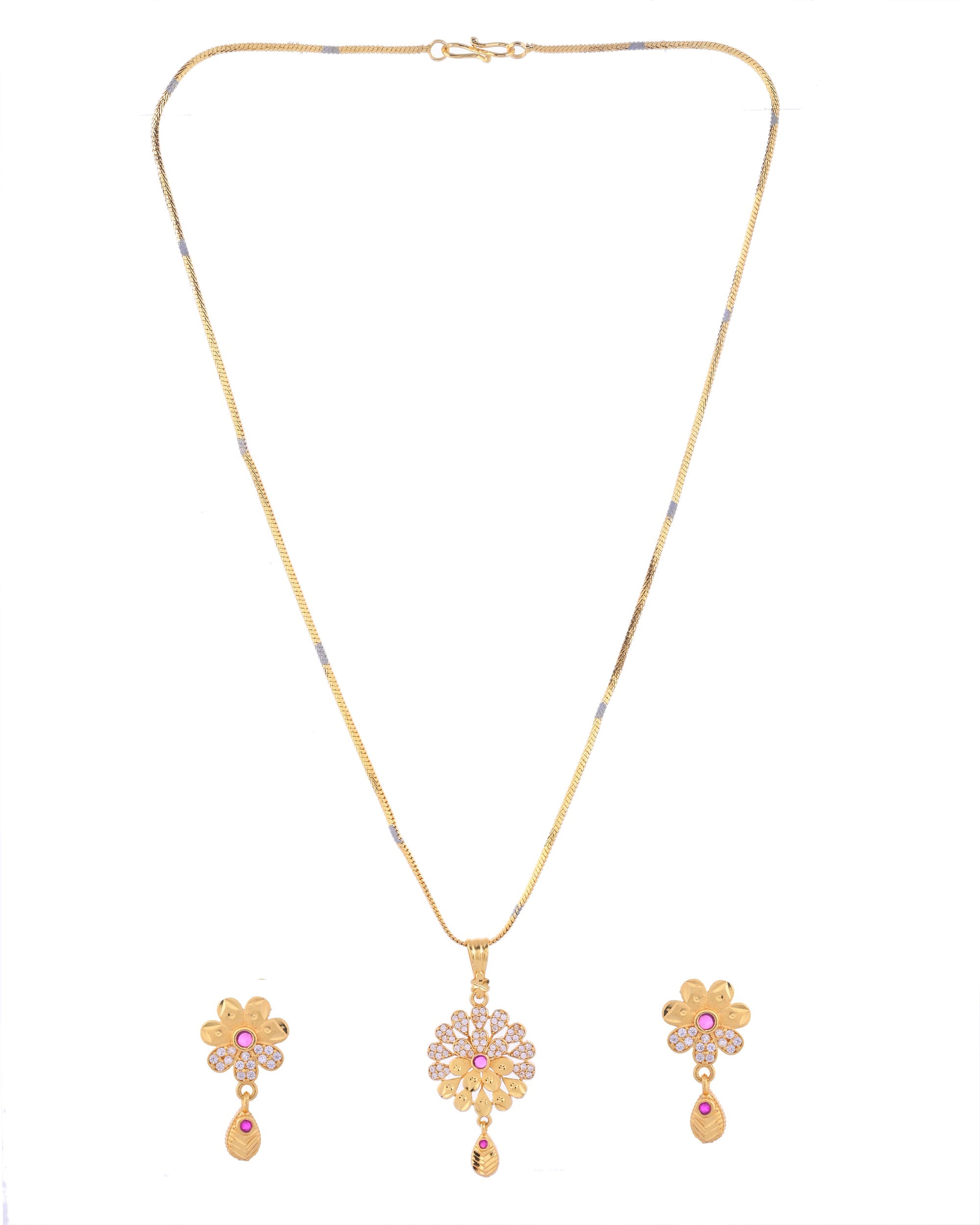 VOJ Gold-Polished Floral Shaped AD Stone Studded Chain Set